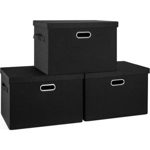 Large 17" 36 Quart Collapsible Stackable Storage Bins with Lids, 3 Packs Black Linen Fabric Closet Boxes with Lids, Storage Cube Baskets Container Organizers for Bedroom Office(17 x12 x11)