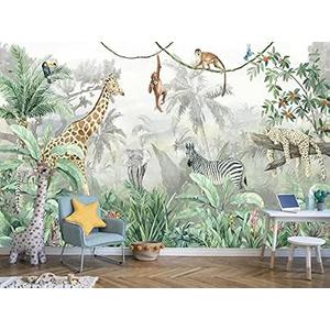 Reyhui Kids Wallpaper Tropical Leves and Safari Animals Wall Mural for Wall Bedroom Living Room TV Background Sofa Wall (not self-Adhesive)