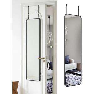 DMWOODFL 14"x48" Full Length Over The Door Mirror, Aluminum Alloy Frame Full Body Mirror with Height-Adjustable Hangers, Hanging Leaning Against Wall for Dorm Bathroom, Bedroom, Entryway Decor(Black)