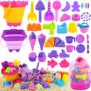 Elovien Beach Sand Toys, 50Pcs Sandbox Toys with 2 Collapsible Buckets, Mesh Backpack Bag, Shovels, Ice Cream, Cake & Castle Sand Molds, Summer Outdoor Travel Toys for Kids Toddlers Girls