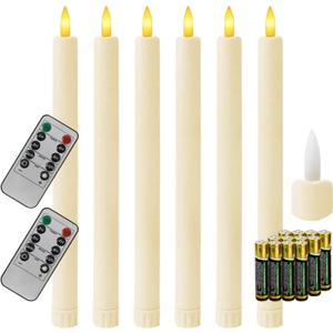 6PCS Flameless Taper Candles with 3D Flickering Flame Battery Operated Candles with 2 Remote with Button Cell Battery 10" Ivory LED Candlesticks Window Candle for Christmas Home Decor