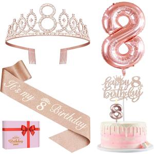 8th Birthday Decorations for Girls, Including 8th Birthday Sash and Tiara, Cake Topper and Candle, Number Balloon, 8 Year Old Girl Gifts
