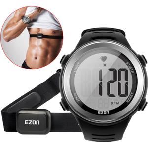 EZON Heart Rate Monitor and Chest Strap, Exercise Heart Rate Monitor, Sports Watch with HRM, Waterproof, Stopwatch, Hourly Chime T007 (Steel Silver)