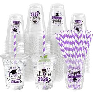 50 Pack Graduation Plastic Cups with Lids Straws 12 oz Purple Disposable Class of 2026 Decorations Graduation Party Favor Drinking Beverage Cup for Party Supplies Decorations