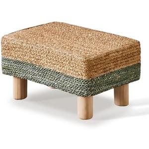 Wimarsbon Natural Seagrass Footstool Ottoman Rectangular Footrest Pouf Ottomans with Wooden Legs Hand Weave Step Stool for Living Room Bedroom Entryway Green