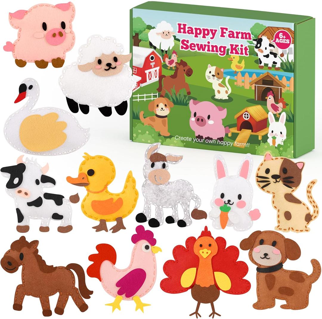 YEETIN Sewing Kit for Kids Ages 6+, Beginner Felt Sewing Craft Kit, DIY Farm Stuffed Animals Making Set, Learn to Sew Gifts for Birthday