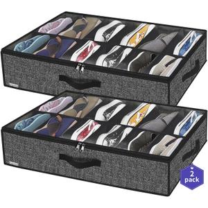 Onlyeasy Sturdy Under Bed Shoe Storage Organizer, Set of 2, Fit 12 to 24 Pairs, Underbed Shoes Closet Storage Solution with Clear Window, Breathable, L29.3 x W23.6 x H5.9, Linen-like Black, MXAUBSB2P