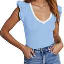 AGSEEM Women Summer Ruffle Tops Sexy Deep V Neck Short Sleeve Shirts Trendy Casual Ribbed Slim Fitted Knit Tees Blouse (Blue, M)