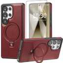 for Samsung Galaxy S25 Ultra Case with Stand Magnetic, Compatible with MagSafe Ring Leather Case, with Camera Lens and Screen Protector, Protective Military Grade Shockproof, Burgundy