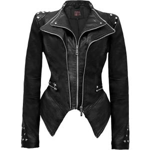Olivia Miller Women's Fashion Faux Leather Biker Jacket Rivet Lapel Shaping Moto Outerwear (Black)