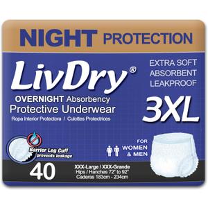 LivDry Adult Incontinence Underwear, Overnight Comfort Absorbency, Leak Protection (XXX-Large (40 Count) 4 packs of 10)