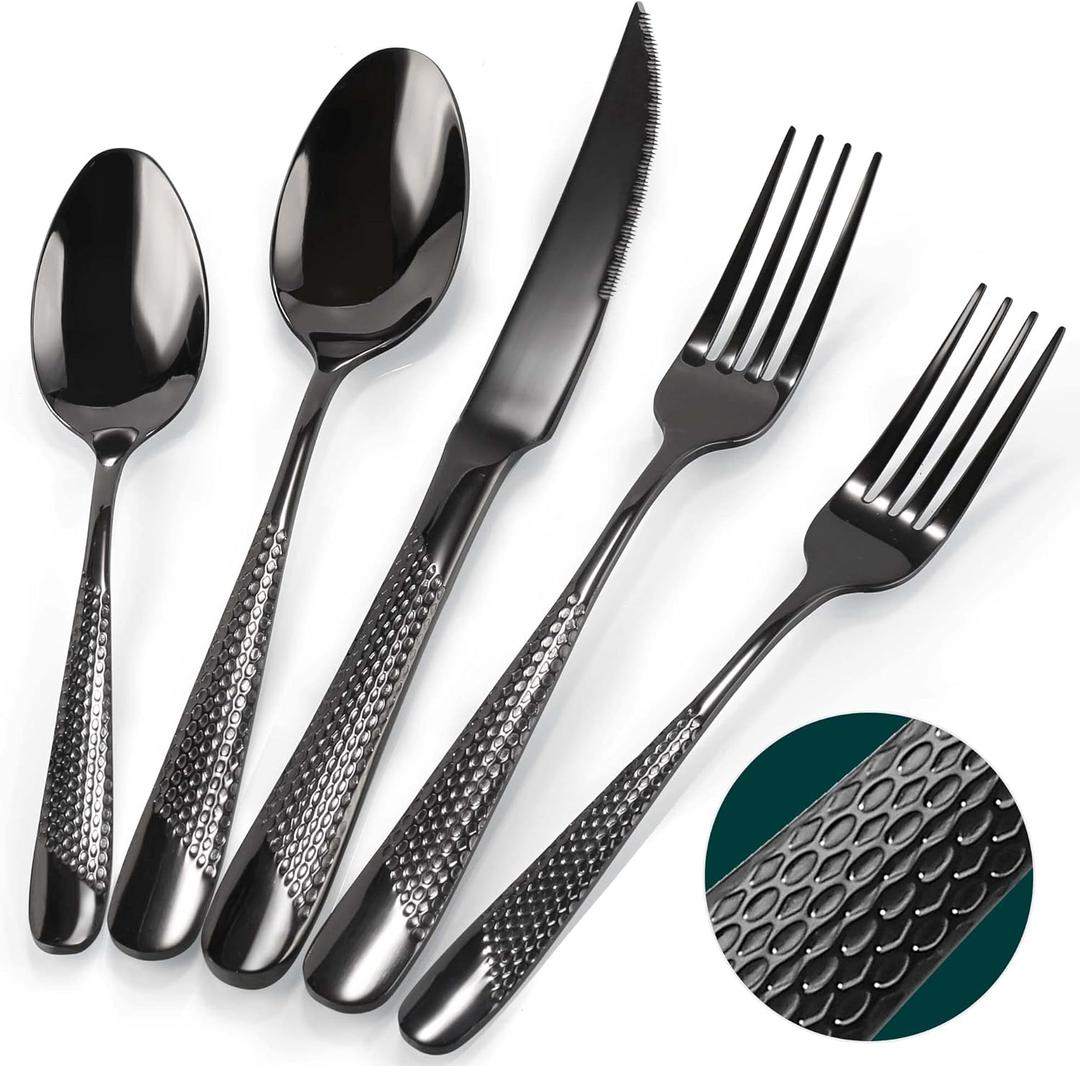 Silverware Set, 30 Pieces Black Hammered Flatware Set for 6, Mirror Polished Stainless Steel Cutlery Set for Home, Kitchen, Restaurant and Hotel, Dishwasher Safe