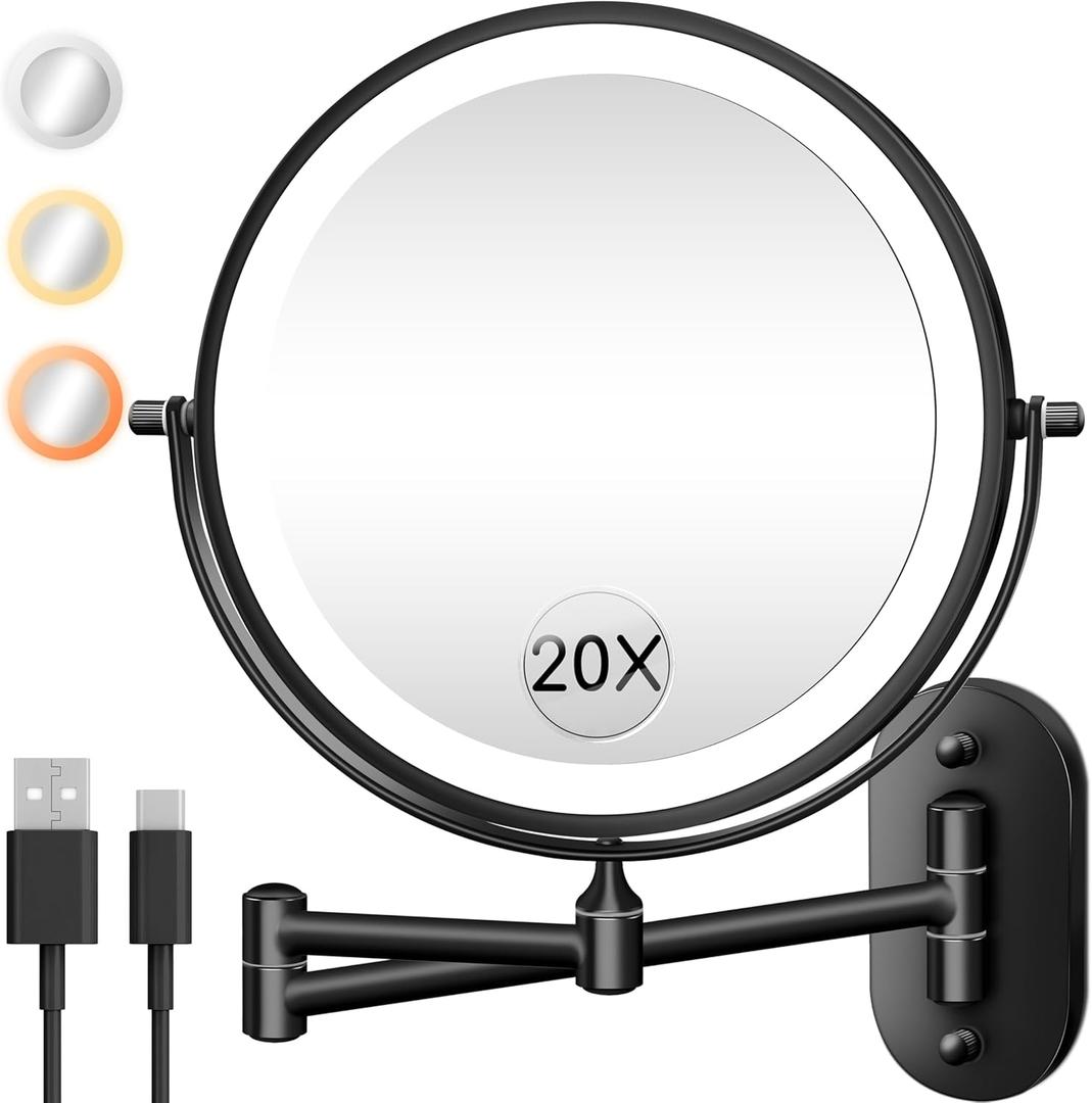 Wall Mounted Makeup Mirror with Light, 20X/1X 8'' Double Sided LED Magnifying Bathroom Lighted Vanity Mirror with Magnification, 3 Color Light up Touch Dimmable Extended Arm 360 Rotation (Black)