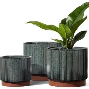 LE TAUCI Ceramic Plant Pots with Drainage Holes, Set of 3, 8+6.7+5.5 Inch Stripe Garden Planter Pots for Outdoor Indoor Plants Flower, Round Succulent Orchid Flower Pot, Reactive Glaze Black