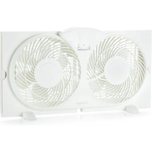 Amazon Basics Twin Window Fan for Home Bedroom, 9 inch, Reversible Airflow, Exhaust Mode, Expandable Side Panels, Width Adjustable, 2 Speeds, Air Circulation, 68W, White