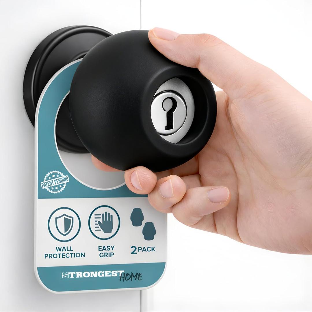 Strongest Home Door Handle Grip Doorstop Knob Stopper Cover, Set of 2, Silicone, Black