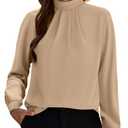 Funlingo Long Sleeve Shirts for Women Dressy Casual Fall Tunic Work Tops Mock Neck Chiffon Blouses Lightweight Office Formal Clothing Khaki 3XL