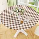 Smiry Round Picnic Tablecloth, Elastic Waterproof Fitted Vinyl Tablecloths for 57"-68" Tables, Flannel Backed Buffalo Plaid Table Cover for Dining, Camping, Outdoor, White and Brown