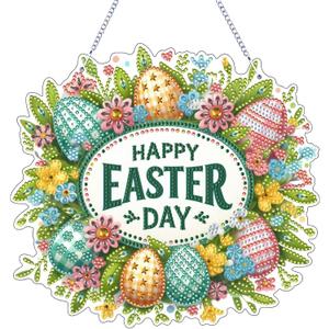 VODAPYC Easter Hanging Diamond Art Kits for Adults, DIY Double Sided Special Shaped Diamond Art Window Pendant Ornament(Happy Easter Wreath)