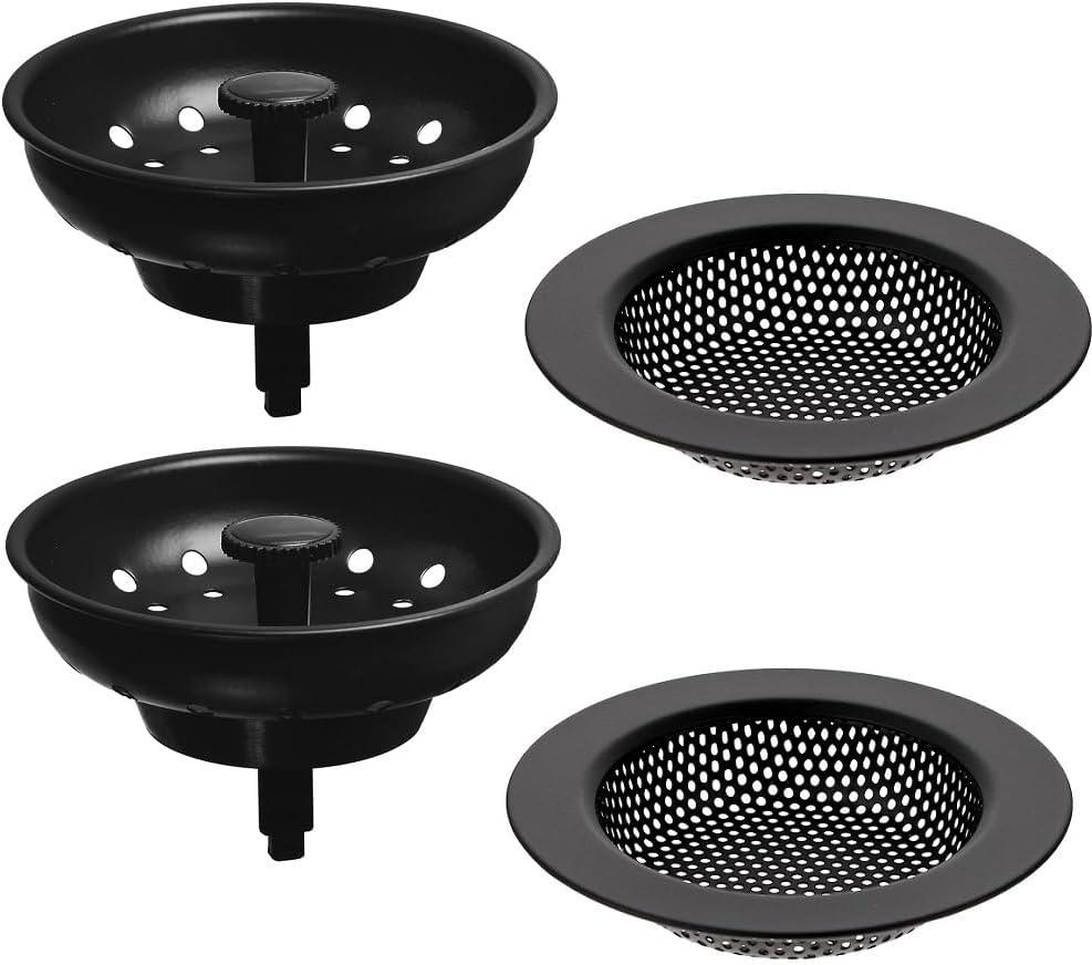 AJOMAN Kitchen Sink Drain Strainer Basket and Sink Drain Stopper, Sink Strainers for Kitchen Sink, Food Catcher(Matte Black, 4 Pieces Total)