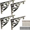Khtumeware Ornate Decorative Shelf Brackets, 5-inch Small Wall Mounted Shelving Bracket, 4 Pack Antique Bronze Vintage Metal Shelf Bracket Victorian Wall Bracket (4, Brushed Antique Brass)