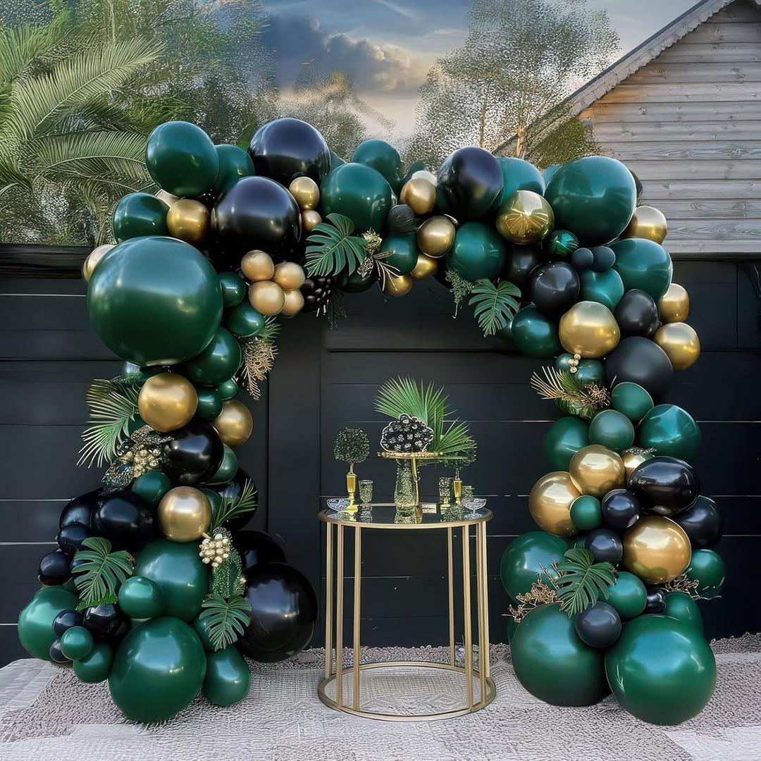 Emerald Green and gold black Balloon Garland Arch Kit Luxury Double Stuffed Dark Green Teal With Palm leaves for Summer luau hawaiian Aloha Jungle Birthday Decorations