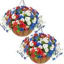 Hananona 2 Set Artificial Outdoor Flowers with Hanging Basket, 2 Hanging Planters with 24 Pcs Patriotic Flowers for Summer Front Porch Patio 4th of July Decor (Red, White, Blue)