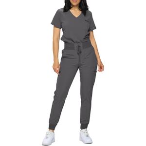 Slim Fit Stretchy Scrubs Women's Jogger Scrub Set Slim Jogger Scrubs with Tuck-In Top for Women (Large, Charcoal)