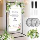 Wedding Welcome Sign Stand, Welcome to Our Wedding Sign Holder with Anti-Tipping Water Bag, Ground Staples, Decorative Flower and Hanging Strap, Gold Easel Stand for Wedding Decor, Baby Shower, Outdoor Party (Black)
