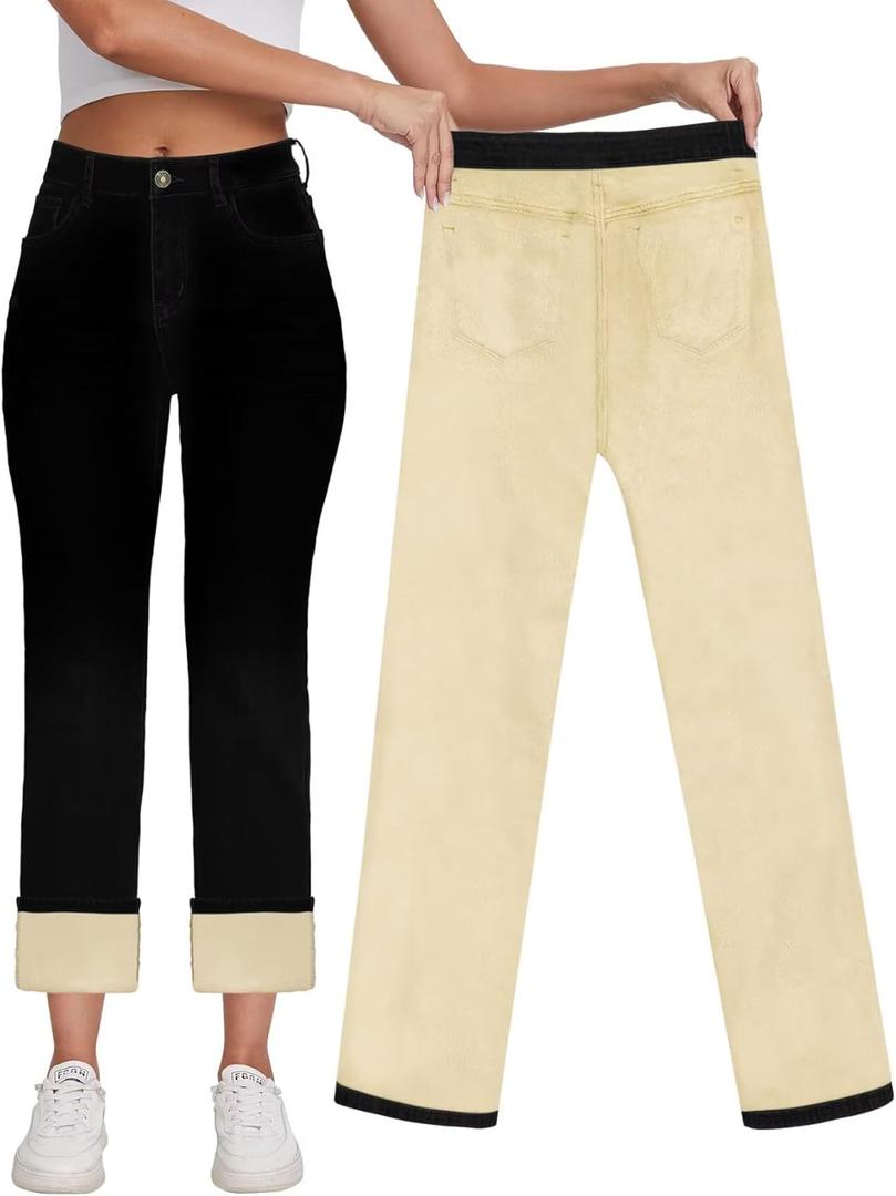KDF Women's Fleece Lined Jeans Women High Waisted Straight Leg Jeans Winter Fleece Lined Jean Pants (14)