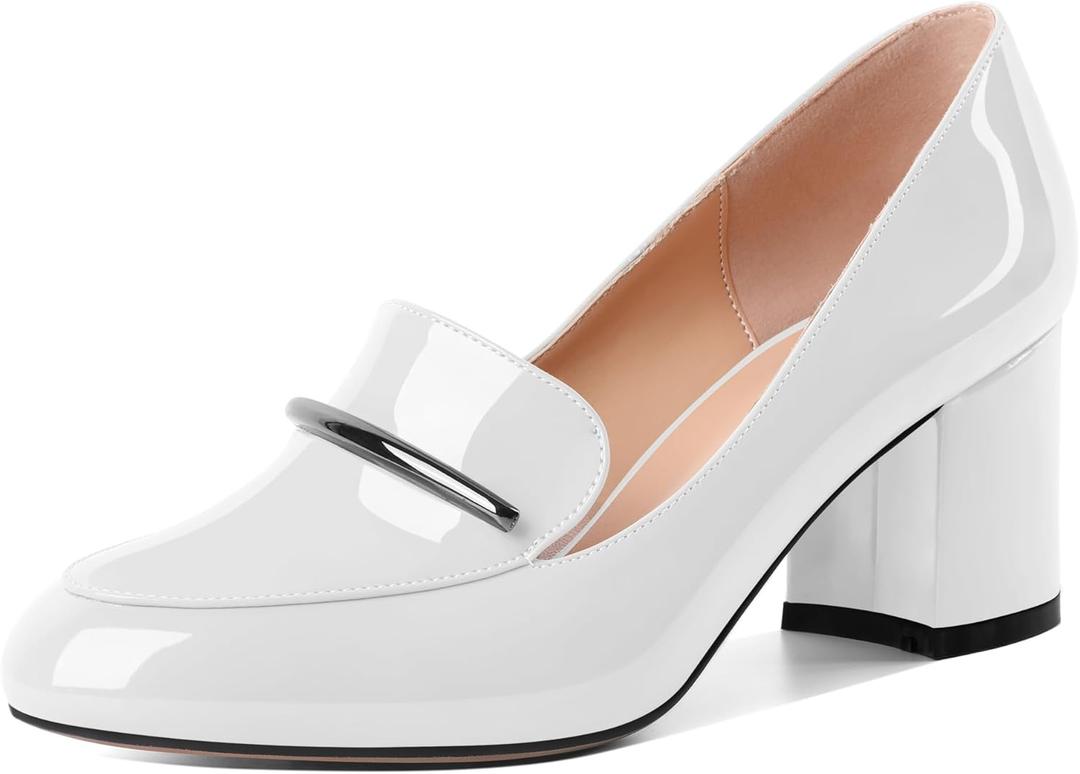 Eldof Women's Pumps Block Heel Round Toe Slip On Chunky Loafer Heel Dress Shoes Pumps for Women 2.5 Inches (8, White)