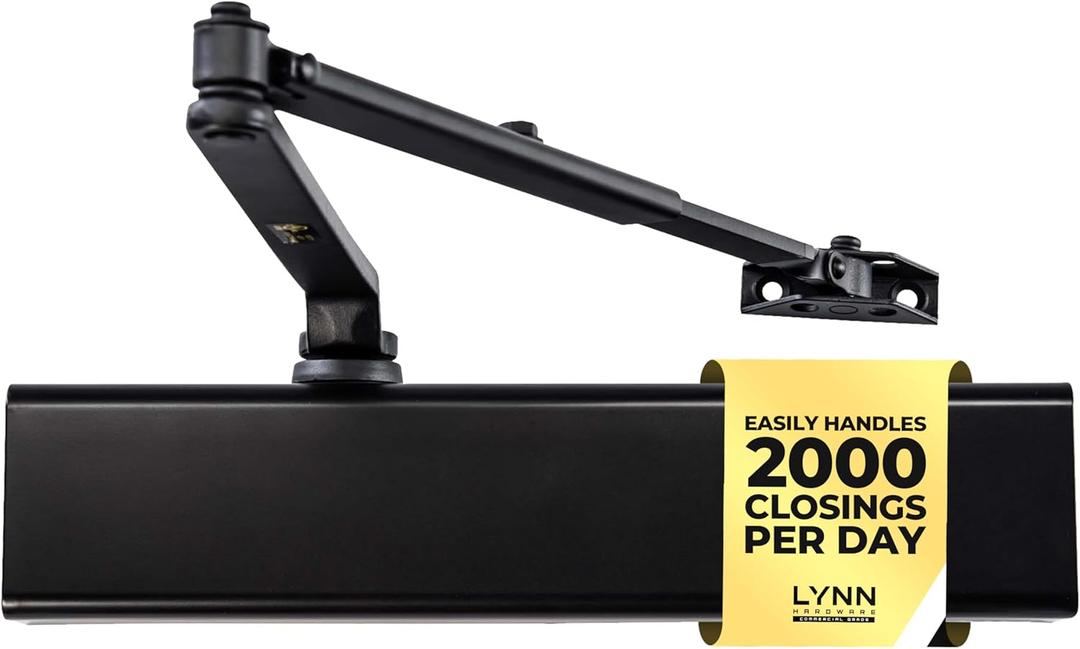 LYNN HARDWARE Heavy Duty Automatic Door Closer (Black) - Commercial Grade, Contractors Choice, Adjustable Speed & Force, Delayed Closing Timer, 3 Mounting Options, 3 Hour Fire Rated (DC8016 Model)