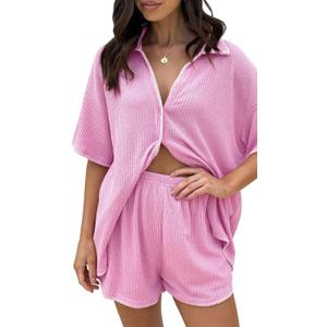 Womens Casual Knitted Two Piece Sets Lounge Sets Short Sleeve Solid Color Oversized Tees And Shorts Outfits (Pink)