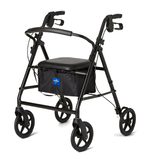 Medline Aluminum Rollator Walker, Burgundy, 300 lb. Weight Capacity, 8” Wheels, Adjustable Height Handle, Padded Seat & Backrest, Rolling Walker for Seniors and Mobility Impaired
