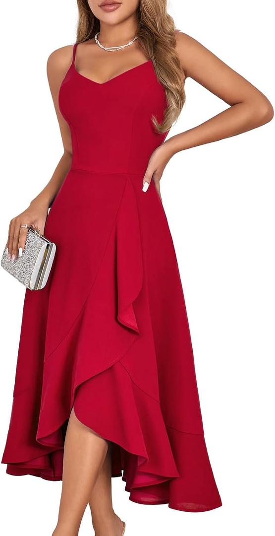 DRESSTELLS Women's Cocktail Party Dress, Formal Wedding Guest High Low Dress, Fit Flare Holiday Prom Dress (Large, Red)