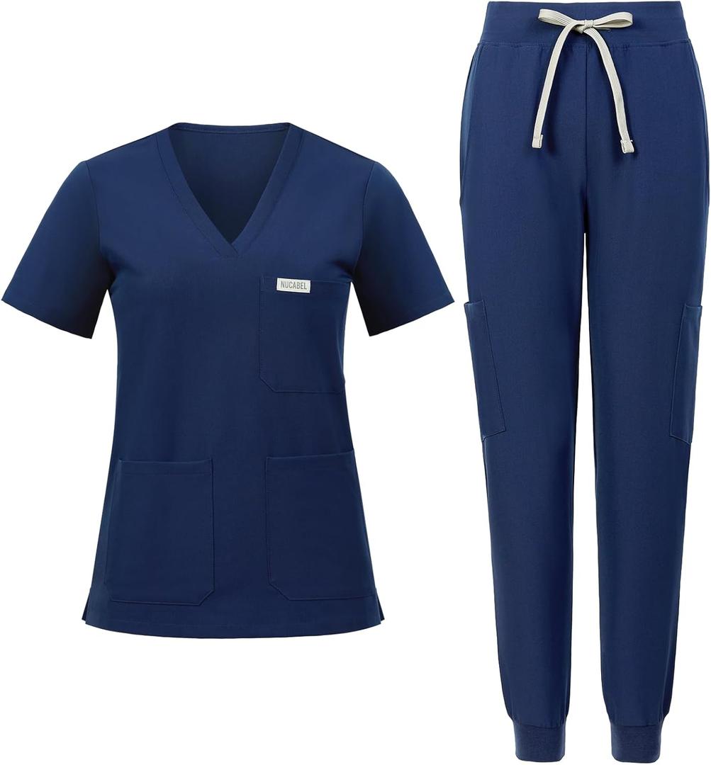 Scrubs for Women Set, V-Neck Top & Cargo Jogger Pants, 9 Pockets, Yoga Waistband, Comfort Fit Nursing Uniform (Large)