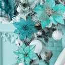 Winlyn 26 Set 3 Style Christmas Glitter Poinsettia Flowers Picks Xmas Tree Ornaments and 2 Rolls 20 Yards Decorative Wired Ribbon for Christmas Tree Wreath Garland (Teal)