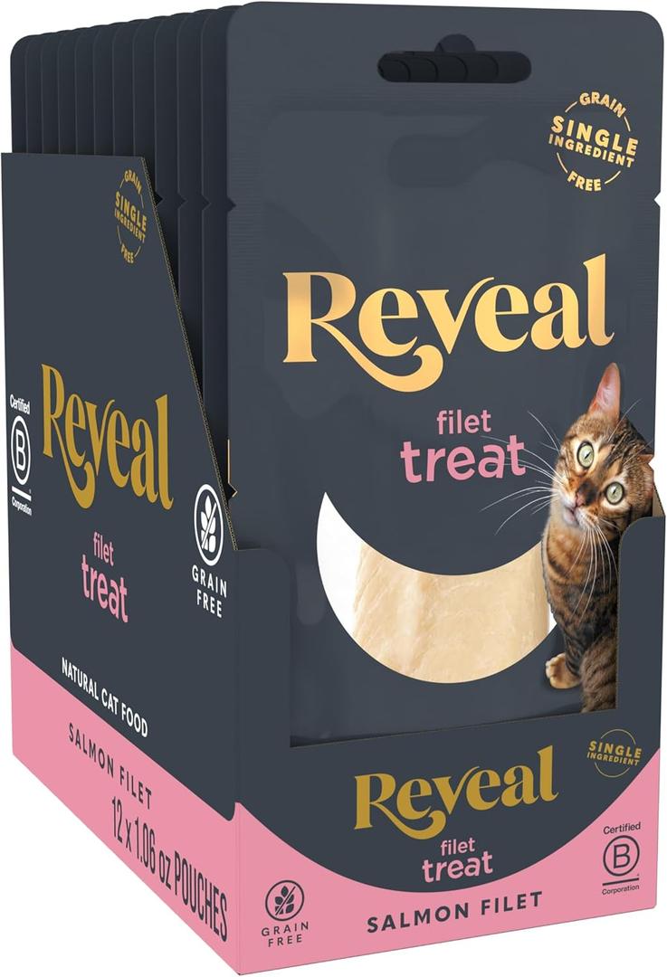 Reveal Natural Cat Treats, 12 Count Single Ingredient Treat for Cats, Grain Free, Whole Salmon Loin, 1.06 oz Bags (EXP 01/23/27)