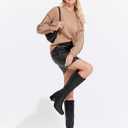 Coutgo Women's Knee High Boots Wide Calf Square Toe Chunky Heeled Pull-on Boot (6.5, Black)