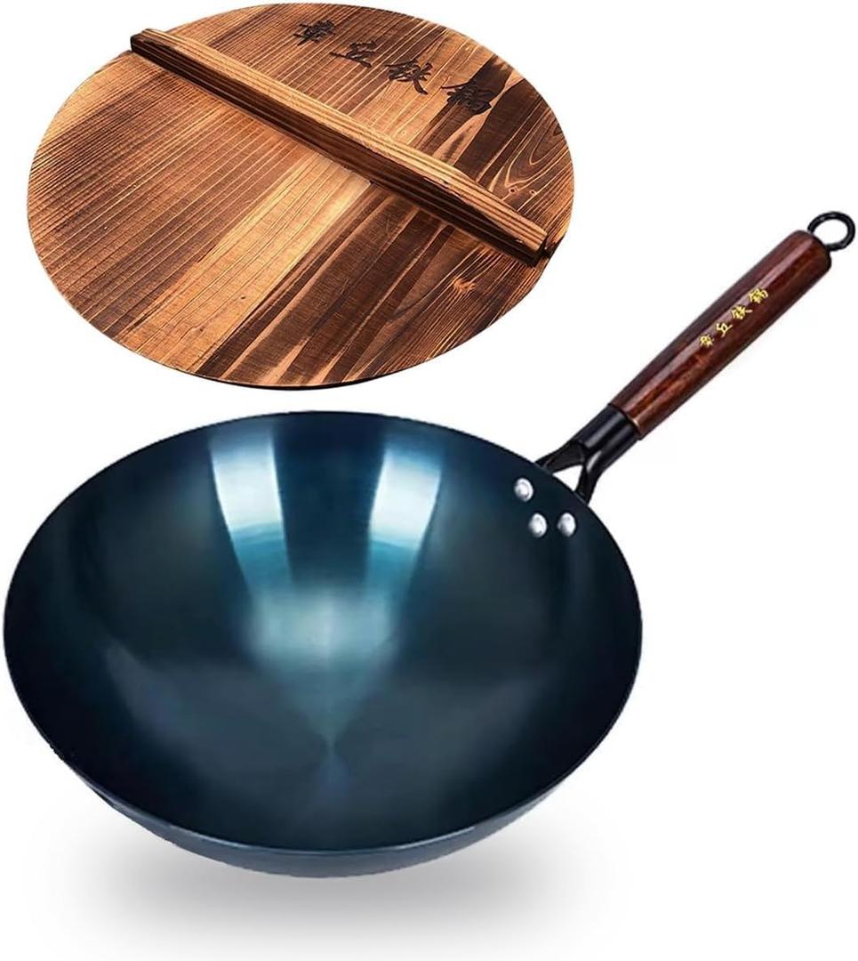 14 Inch Hand Hammered Carbon Steel Wok, Round Bottom Traditional Chinese Wok with Wooden Handle & Lid, Uncoated Non-Stick Wok for Home Cooking, Camping & Gift