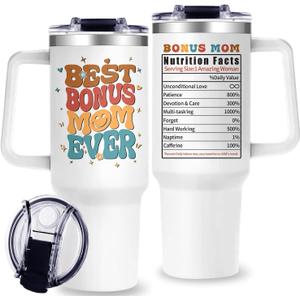 Bonus Mom Tumbler with Handle, Bonus Mom Gifts - 40 oz Best Moms Cups Tumbler with Straw and Lid - Unique Mother In Law Birthday Gift for Mothers Day Christmas for Step Moms Gifts