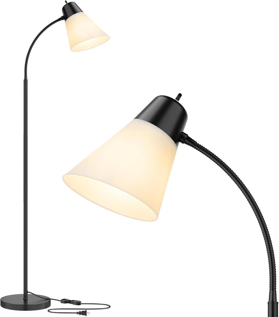 Coucrek Floor Lamp for Living Room, Adjustable Head Standing Lamp with White Plastic Shade, Black Reading Floor Lamps for Dorm, Bulb not Included