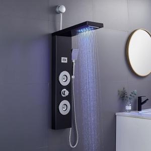 ROVOGO Retrofit Shower Panel with LED Rain Shower, 2 Body Jets and Handheld, Easy Connect Stainless Shower Tower Column with Temperature Display, Black (NOT INCLUDE ROUGH-IN VALVE)