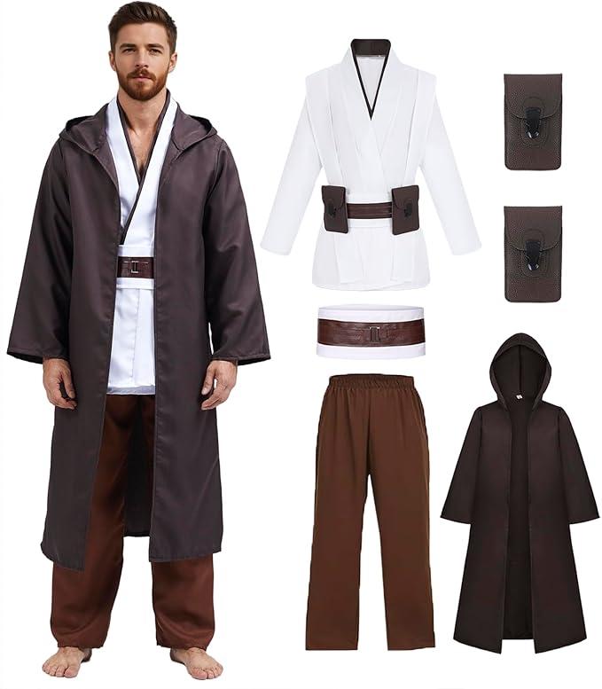 Adult Jedi Costume Men Cosplay Anakin Skywalker Obi Wan Kenobi Halloween Costumes Tunic Hooded Robe Knight Cosplay Outfit with Waist Bag RK016-XL, XL