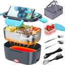 Electric Lunch Box, Food Warmer Heater 12V 24V 110V, 80W Faster Heated Lunch Box for Car/Truck/Home Portable Heating Boxes with 1.5L 304 SS Container Fork & Spoon (Dark gray+Blue)
