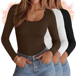 Ficerd 3 Pack Women's Thermal Long Sleeve Shirts Fleece Lined Scoop Neck Stretch Fitted Tops Winter Base Layer Underwear (Large, Black, White, Dark Coffee), Size L