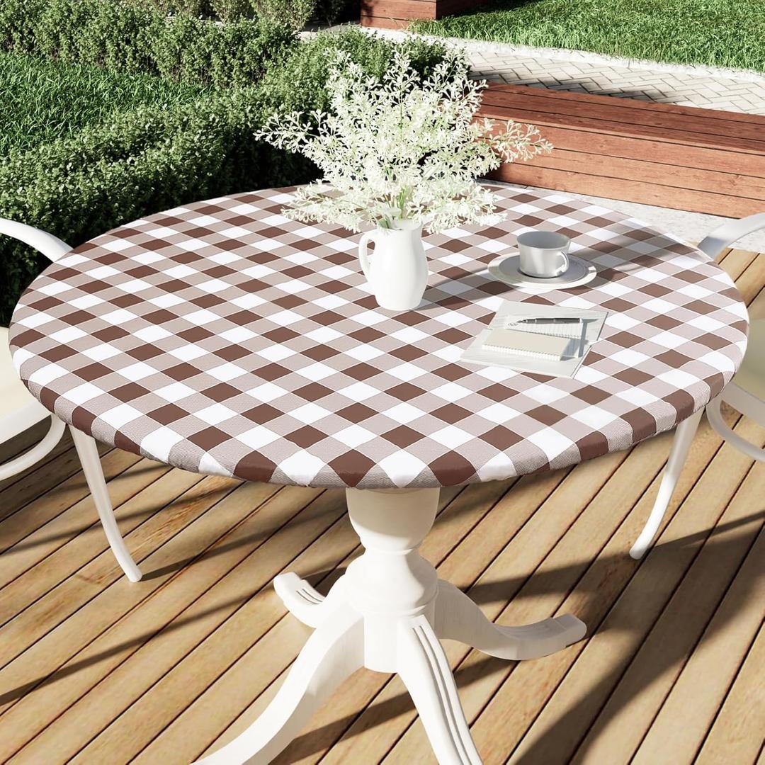 Smiry Round Picnic Tablecloth, Elastic Waterproof Fitted Vinyl Tablecloths for 36"-44" Tables, Flannel Backed Buffalo Plaid Table Cover for Dining, Camping, Outdoor, White and Brown