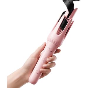 Auto Curling Iron 1.25 Inch, Rotating Hair Curler for Beach Waves, AutomaticHair Curler with Anti-Scald & Anti-Tangle, Ceramic Curling Wand for Long Hair, Dual Voltage, Pink