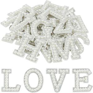 Morcheiong 52Pcs Pearl Rhinestone Letter Patches Self Adhesive A-Z, Stick on Pearl Letter Patches for Clothes, Fabric, Backpack (White)
