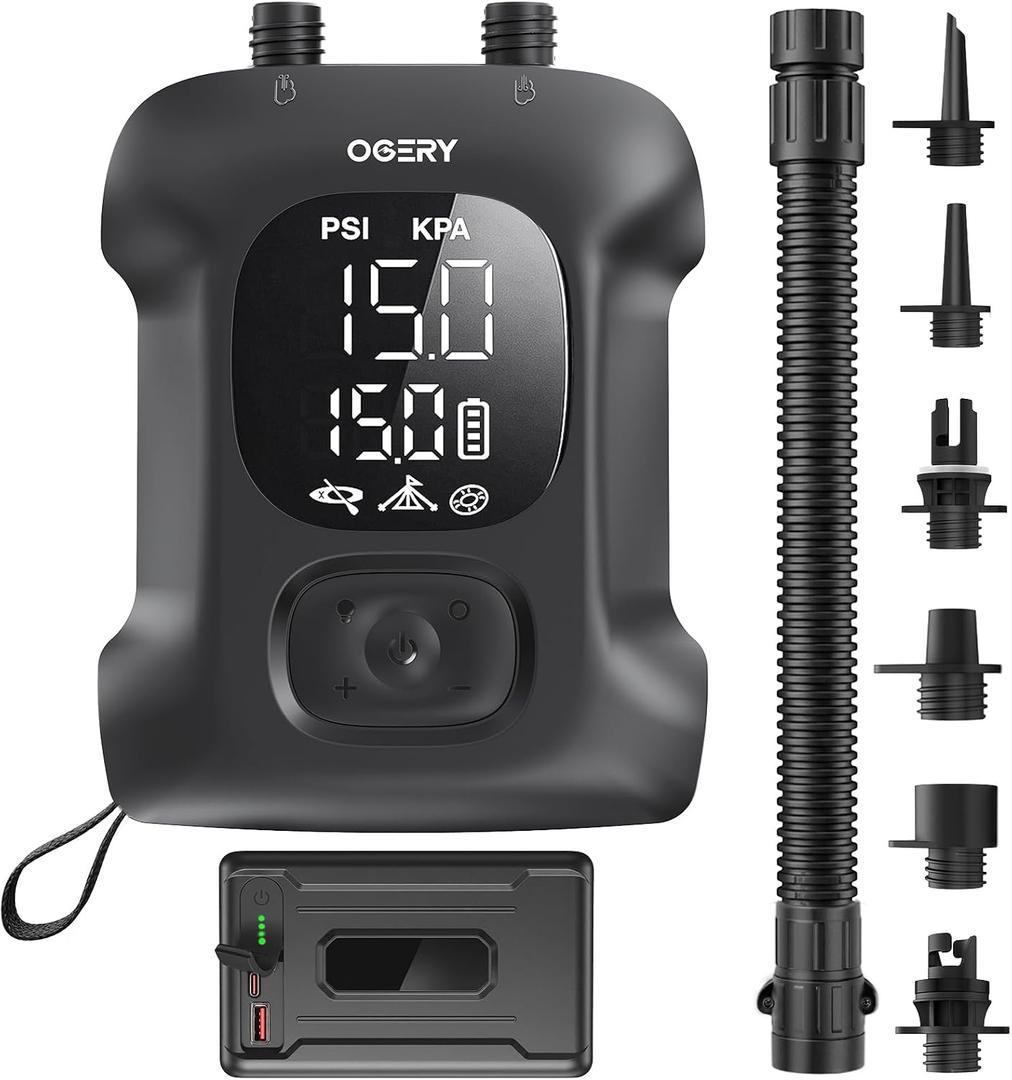 OGERY Paddle Board Electric Pump, Inflates 4.5 SUPs Long-Lasting Battery, 20PSI SUP Pump with 65W Power Bank, Auto-Off Dual Stage Inflation & Deflation, Rechargeable Air Pump for Sup Kayak Boat Tent